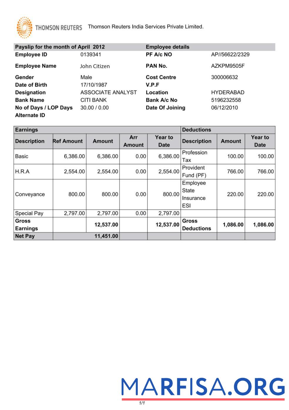 Realistic India Thomson Reuters India Services Private Limited payslip example